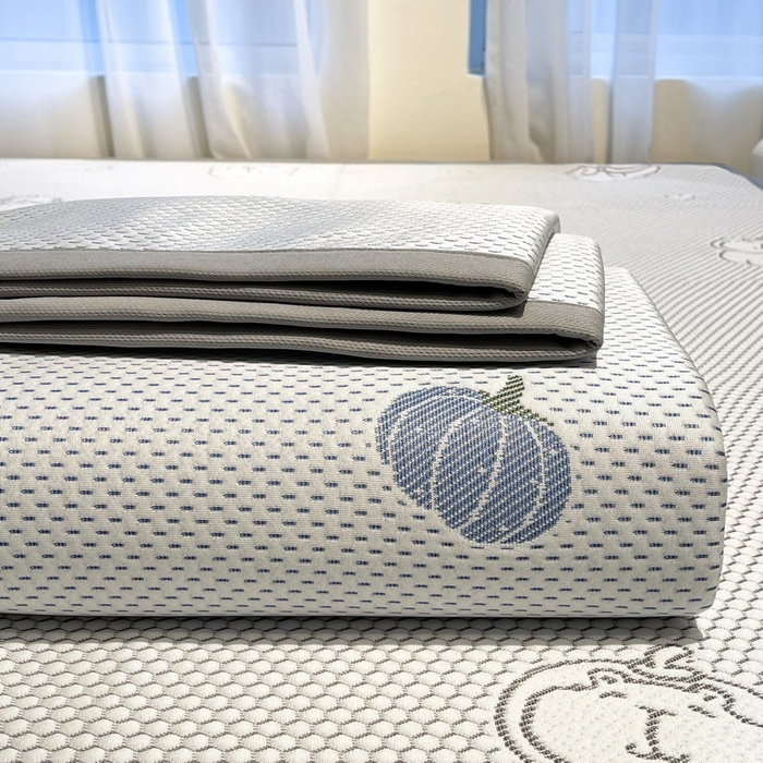 91家纺网 家纺一手货源 找家纺 LIFE.丽芙 2025春夏季新品A类针织提花冰凉豆豆凉感软席子平铺绑带款冰丝凉席三件套（450克）-风格二 南瓜-海蓝