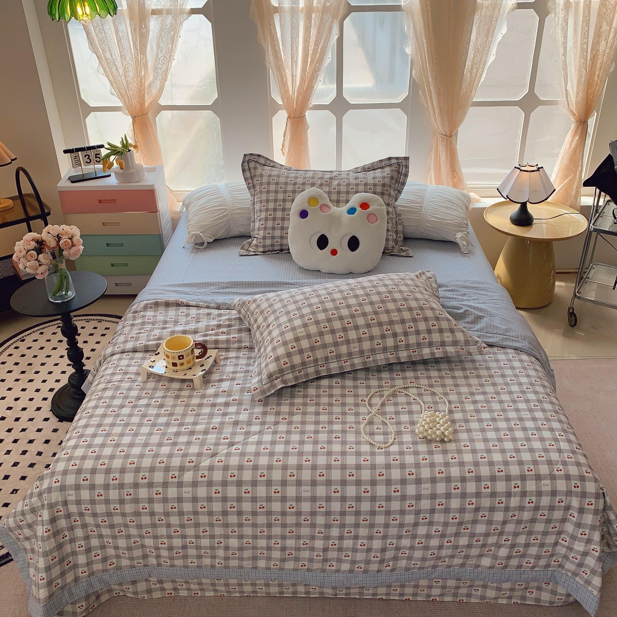 莱豫家纺 2025春夏新款纯棉全棉夏被夏凉被四件套 格子樱桃灰
