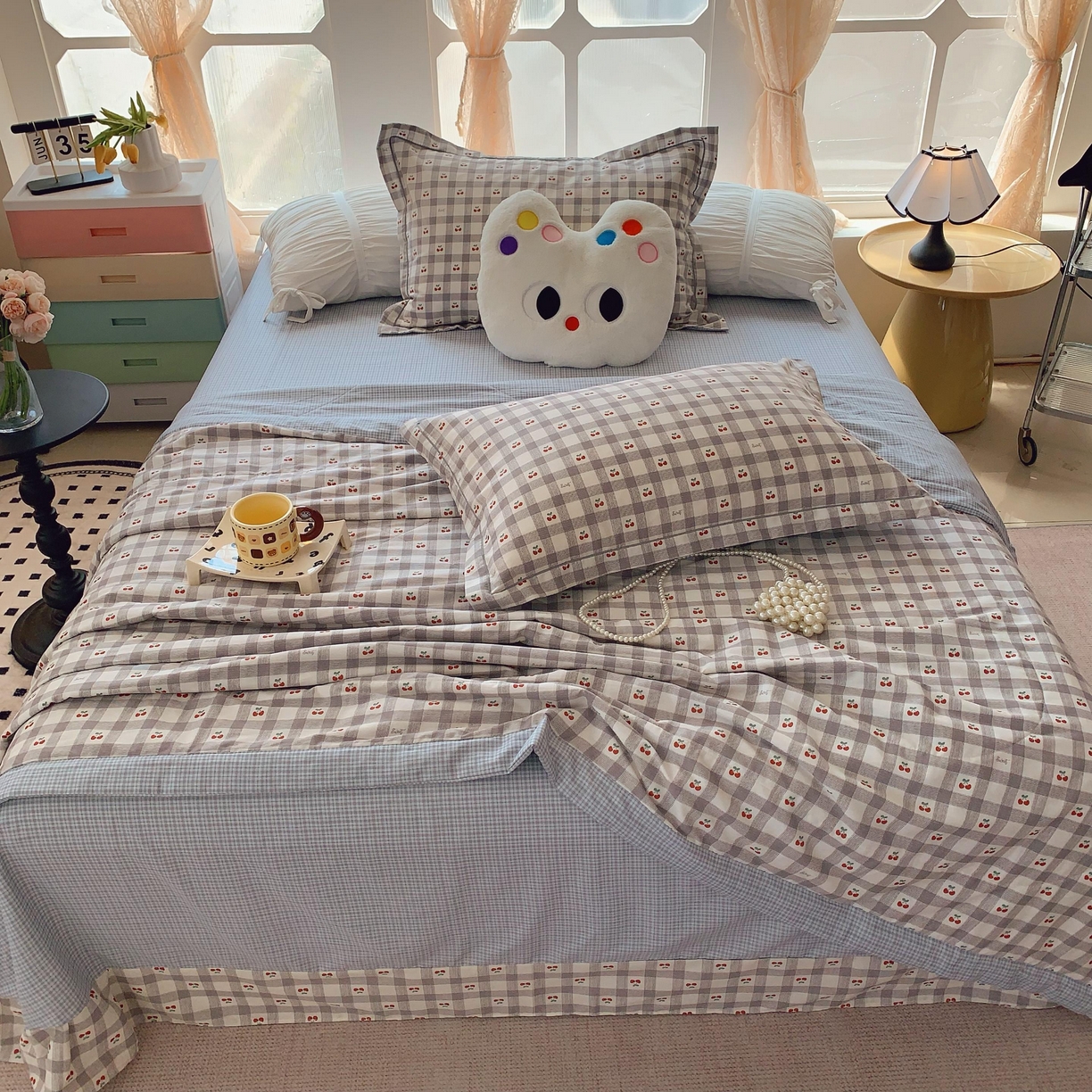 91家纺网 家纺一手货源 找家纺 莱豫家纺 2025春夏新款纯棉全棉夏被夏凉被四件套 格子樱桃灰