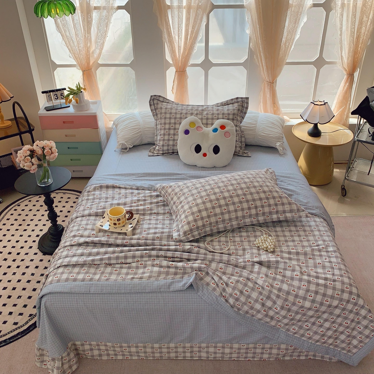 91家纺网 家纺一手货源 找家纺 莱豫家纺 2025春夏新款纯棉全棉夏被夏凉被四件套 格子樱桃灰