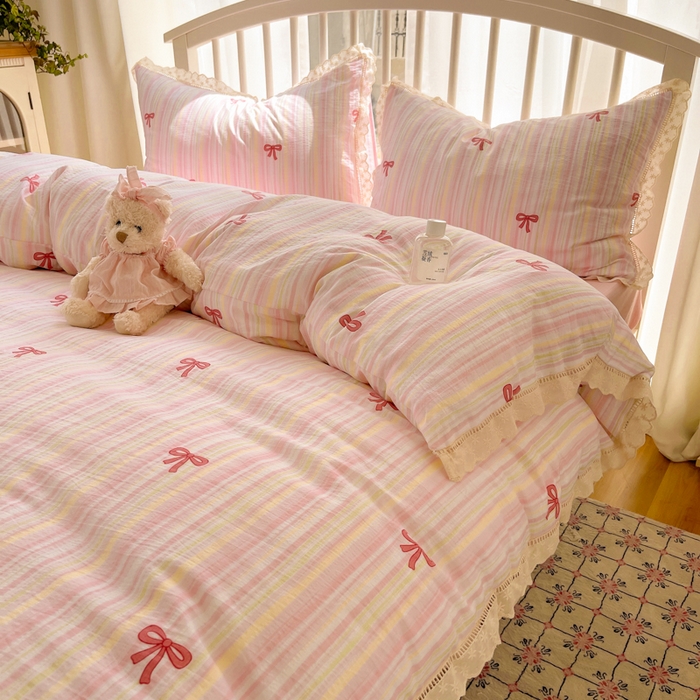 91家纺网 家纺一手货源 找家纺 繁花家居 2025新款镂空白色花边直播热款四件套 蝴蝶结