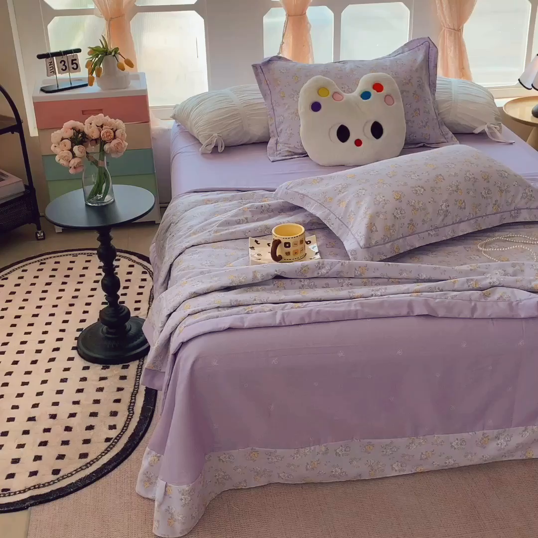 91家纺网 家纺一手货源 找家纺 莱豫家纺 2025春夏新款纯棉全棉夏被夏凉被四件套 花语紫