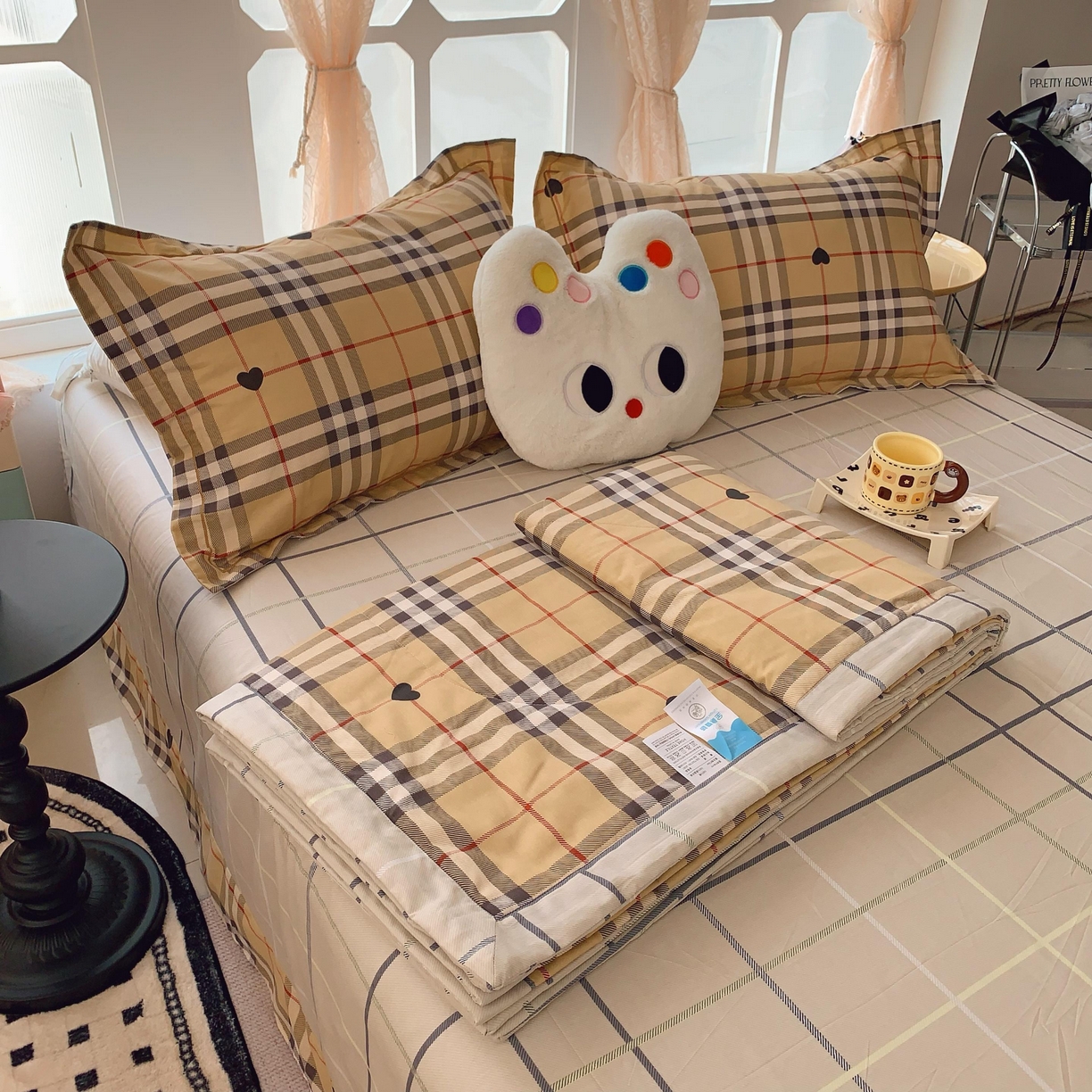 91家纺网 家纺一手货源 找家纺 莱豫家纺 2025春夏新款纯棉全棉夏被夏凉被四件套 咖啡格