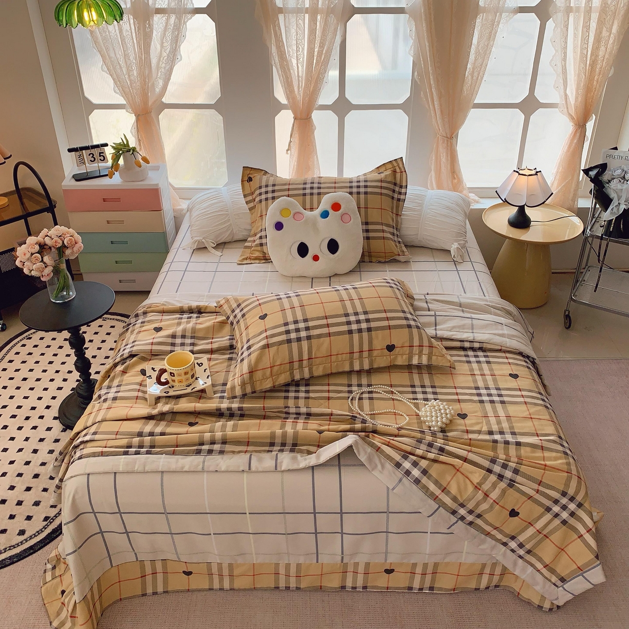 91家纺网 家纺一手货源 找家纺 莱豫家纺 2025春夏新款纯棉全棉夏被夏凉被四件套 咖啡格