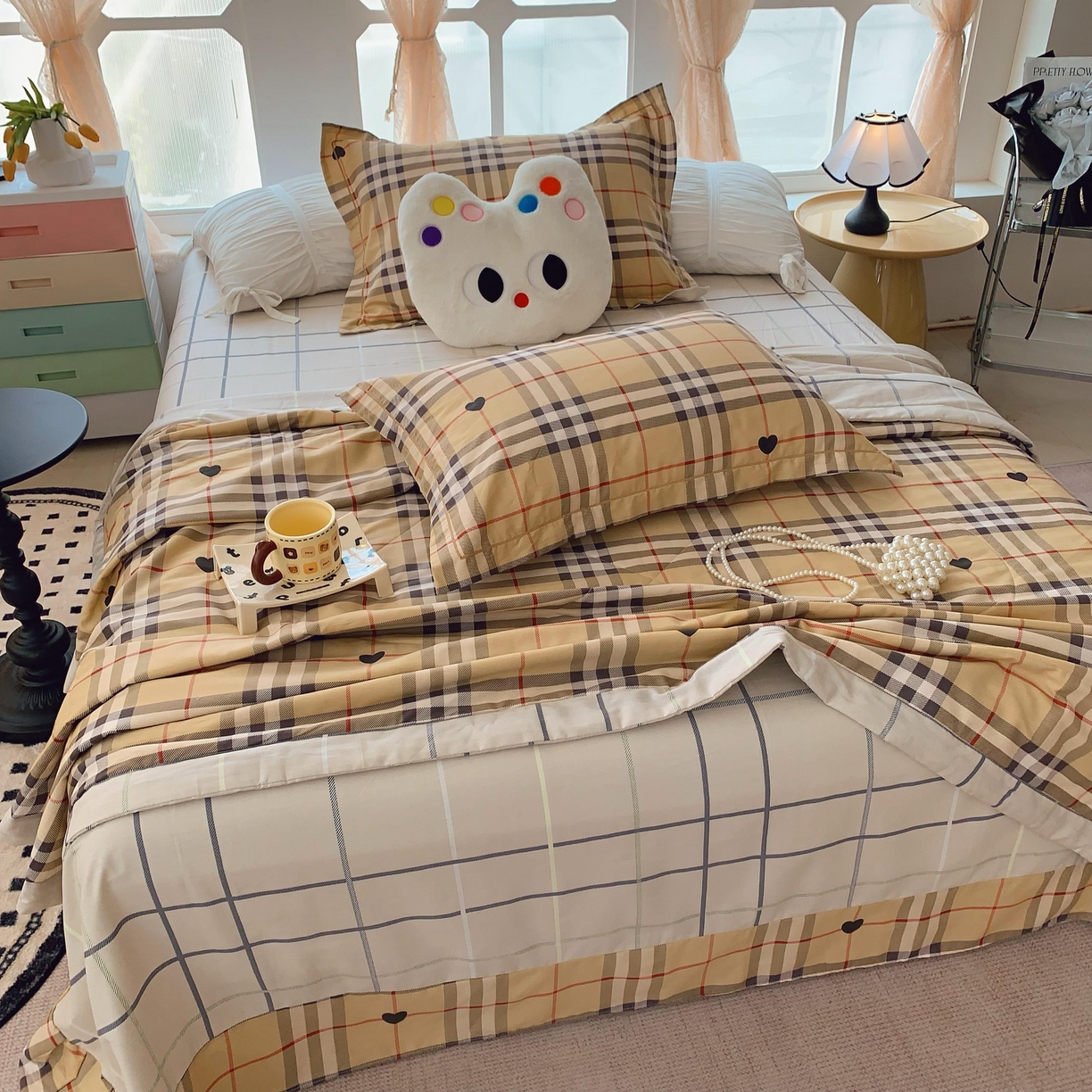 91家纺网 家纺一手货源 找家纺 莱豫家纺 2025春夏新款纯棉全棉夏被夏凉被四件套 咖啡格