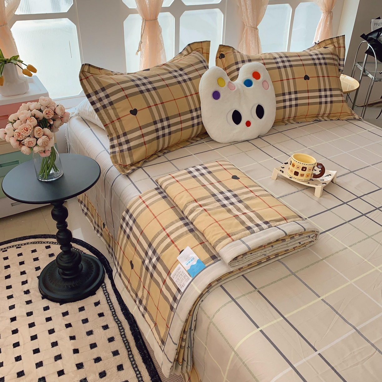 91家纺网 家纺一手货源 找家纺 莱豫家纺 2025春夏新款纯棉全棉夏被夏凉被四件套 咖啡格