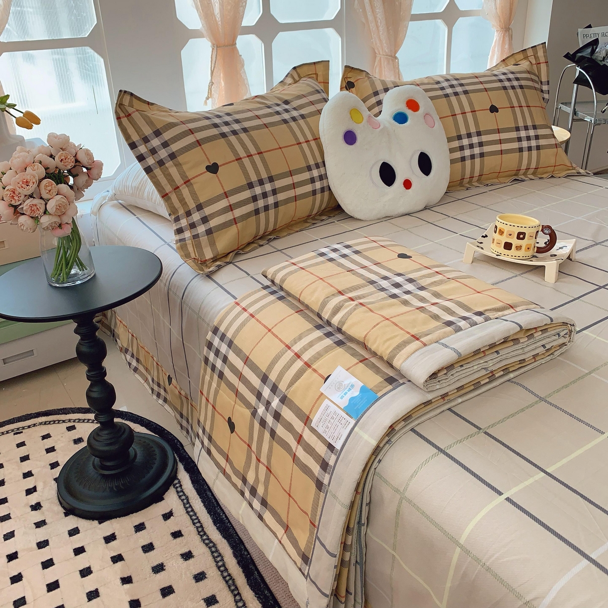 91家纺网 家纺一手货源 找家纺 莱豫家纺 2025春夏新款纯棉全棉夏被夏凉被四件套 咖啡格