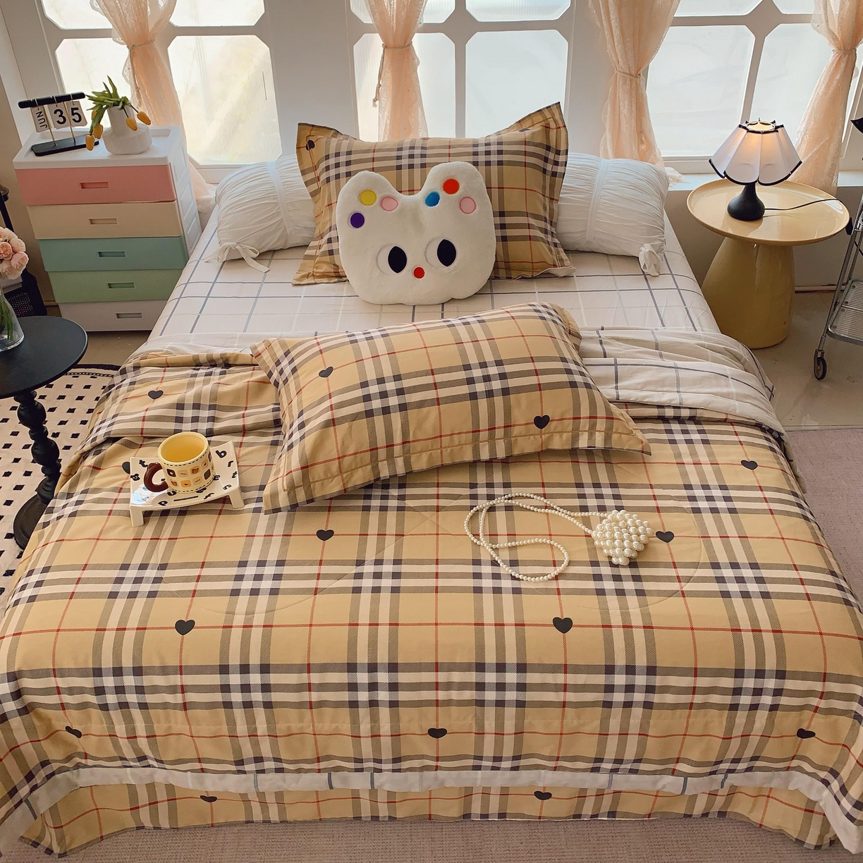 91家纺网 家纺一手货源 找家纺 莱豫家纺 2025春夏新款纯棉全棉夏被夏凉被四件套 咖啡格