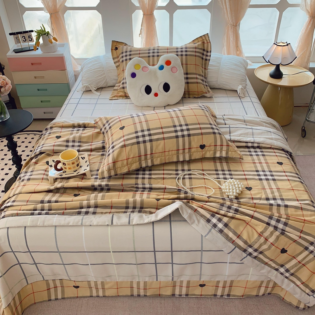 91家纺网 家纺一手货源 找家纺 莱豫家纺 2025春夏新款纯棉全棉夏被夏凉被四件套 咖啡格