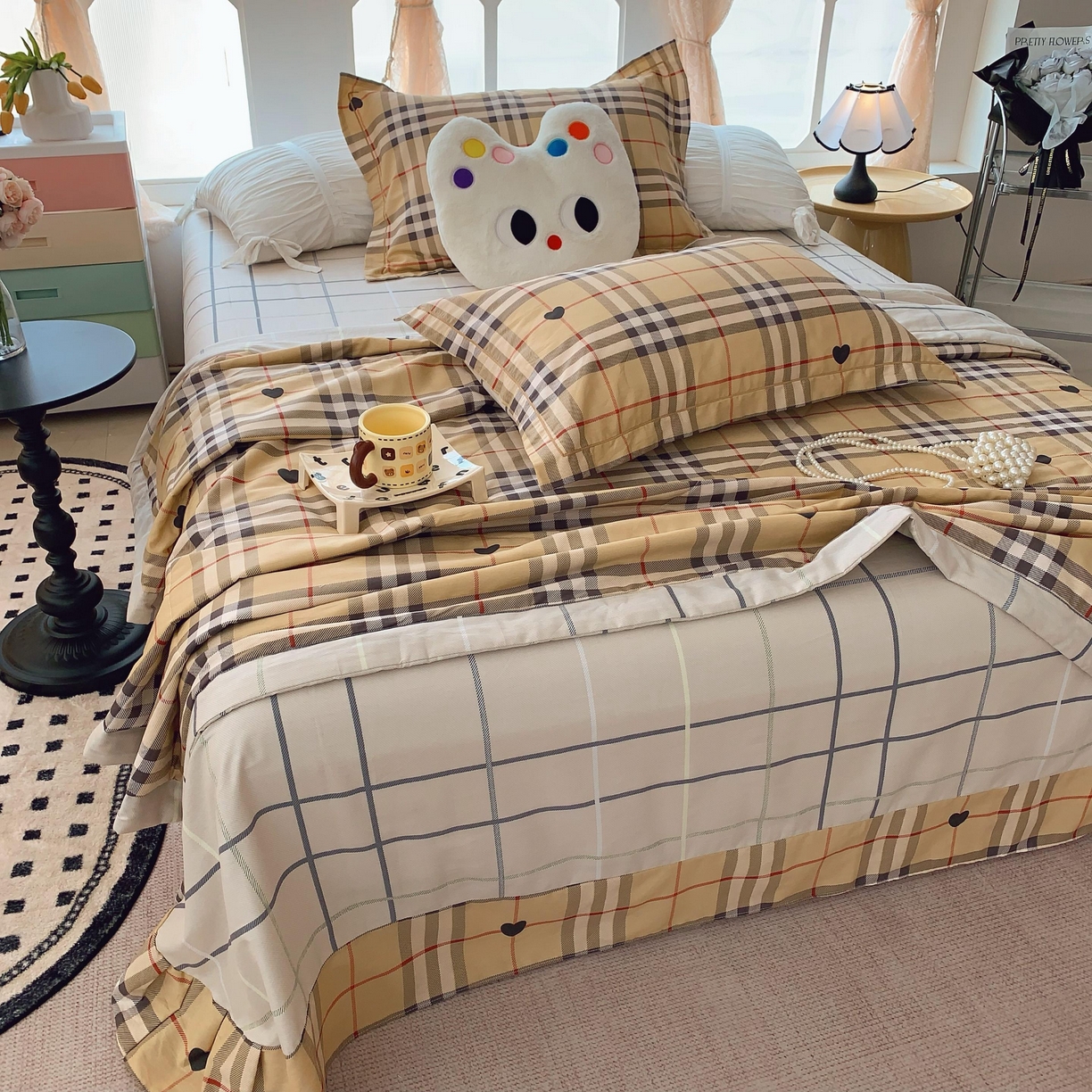 91家纺网 家纺一手货源 找家纺 莱豫家纺 2025春夏新款纯棉全棉夏被夏凉被四件套 咖啡格