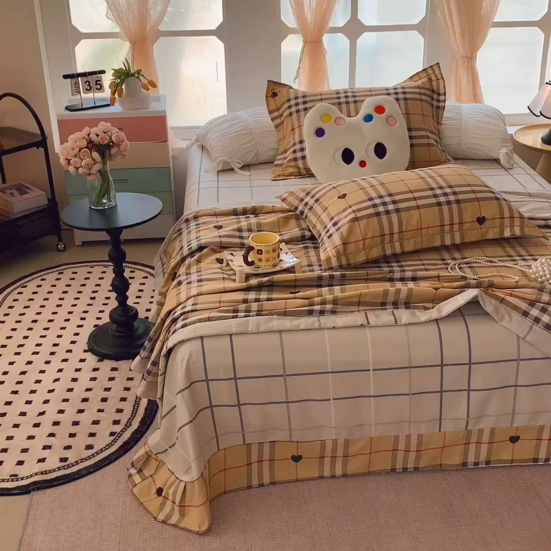 91家纺网 家纺一手货源 找家纺 莱豫家纺 2025春夏新款纯棉全棉夏被夏凉被四件套 咖啡格