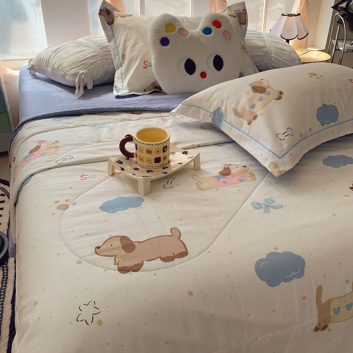 91家纺网 家纺一手货源 找家纺 莱豫家纺 2025春夏新款纯棉全棉夏被夏凉被四件套 腊肠狗