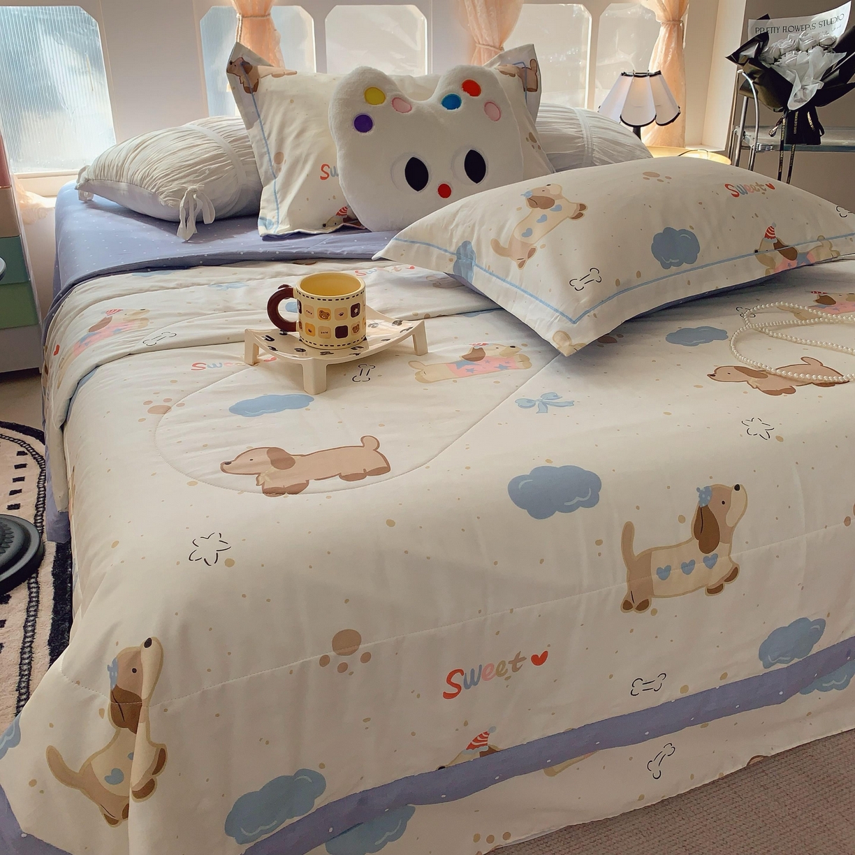 91家纺网 家纺一手货源 找家纺 莱豫家纺 2025春夏新款纯棉全棉夏被夏凉被四件套 腊肠狗