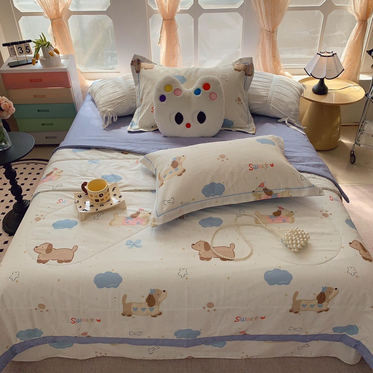 91家纺网 家纺一手货源 找家纺 莱豫家纺 2025春夏新款纯棉全棉夏被夏凉被四件套 腊肠狗