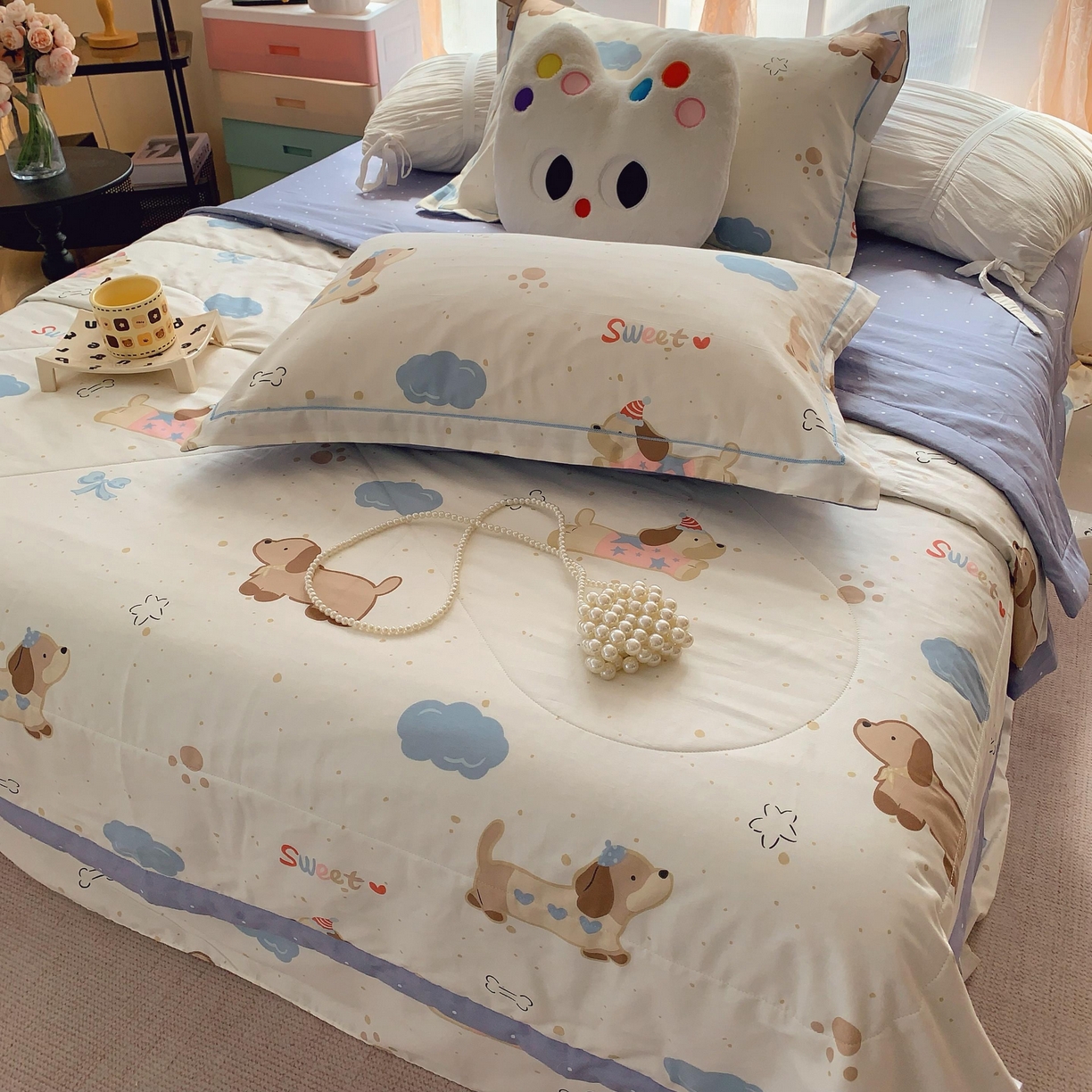 91家纺网 家纺一手货源 找家纺 莱豫家纺 2025春夏新款纯棉全棉夏被夏凉被四件套 腊肠狗