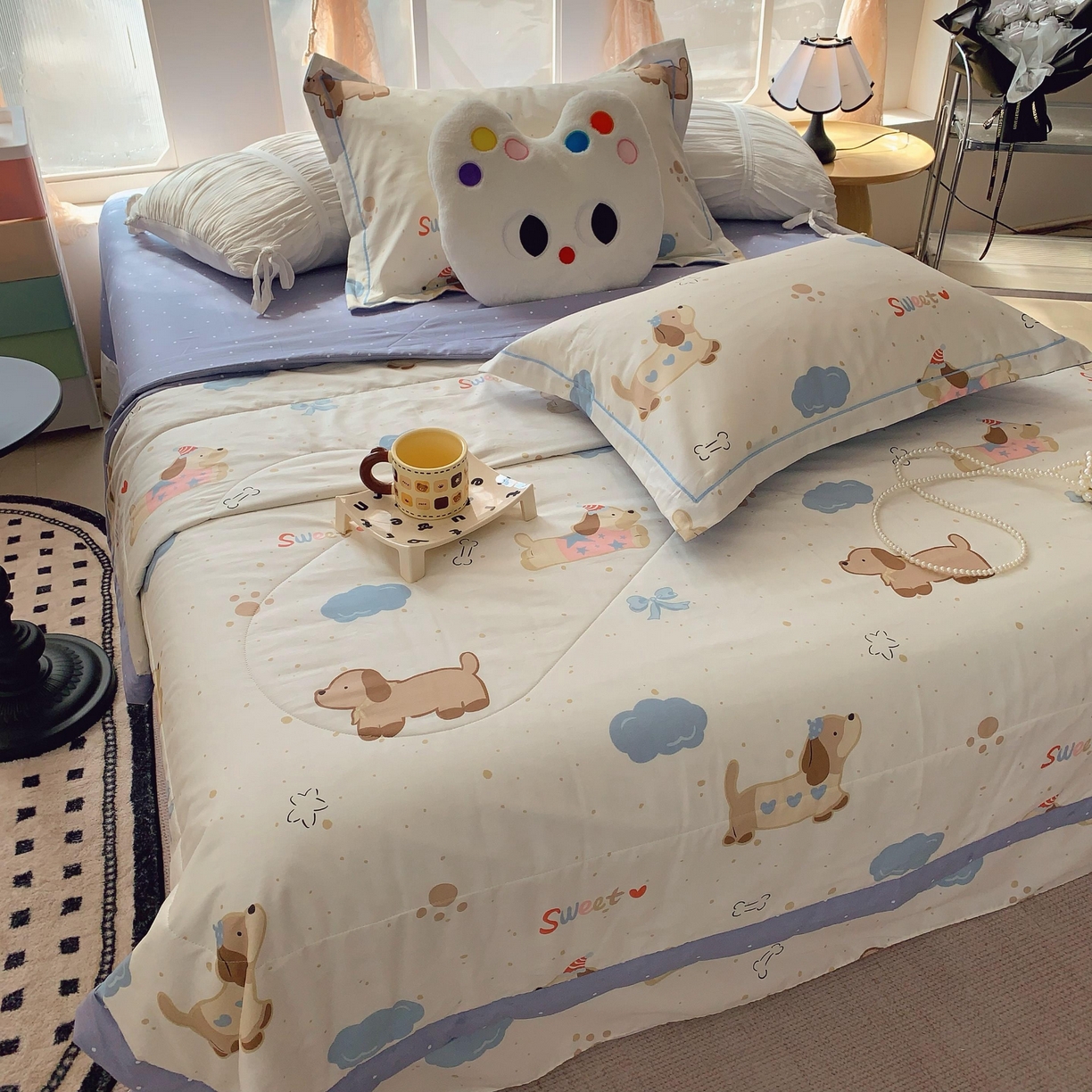 91家纺网 家纺一手货源 找家纺 莱豫家纺 2025春夏新款纯棉全棉夏被夏凉被四件套 腊肠狗