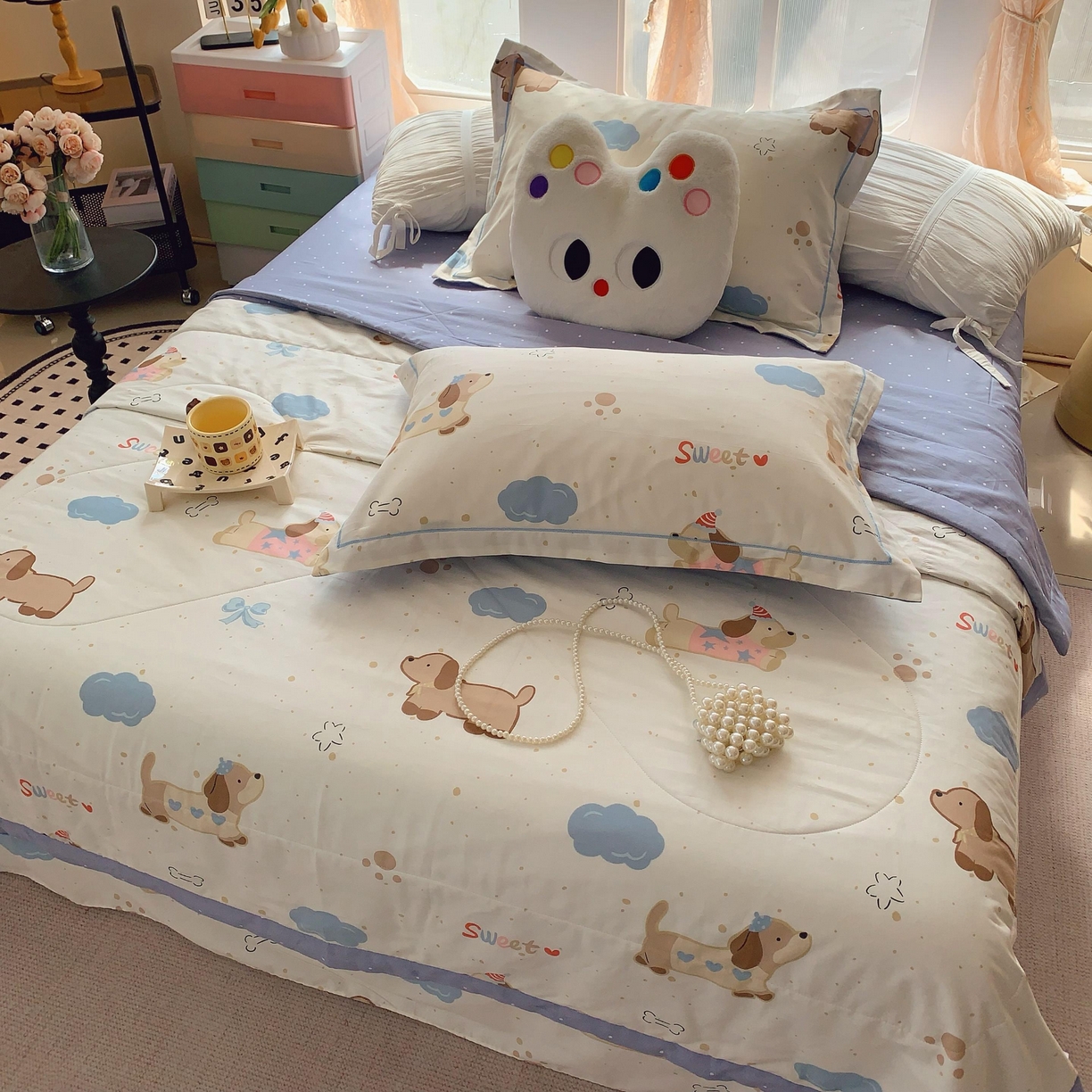 91家纺网 家纺一手货源 找家纺 莱豫家纺 2025春夏新款纯棉全棉夏被夏凉被四件套 腊肠狗