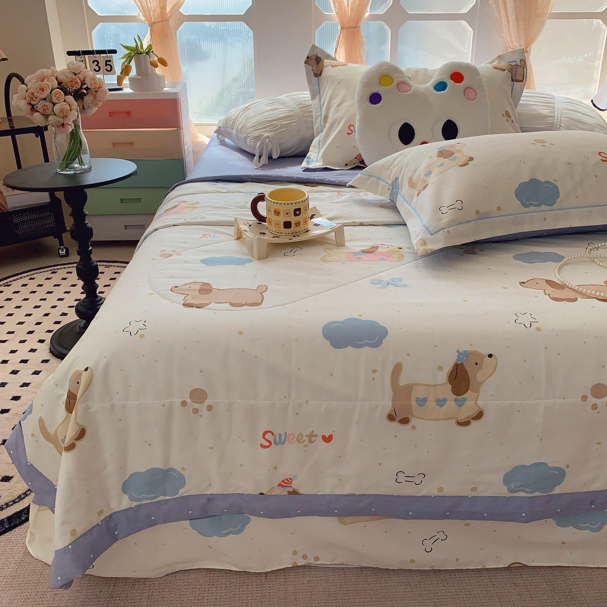 91家纺网 家纺一手货源 找家纺 莱豫家纺 2025春夏新款纯棉全棉夏被夏凉被四件套 腊肠狗