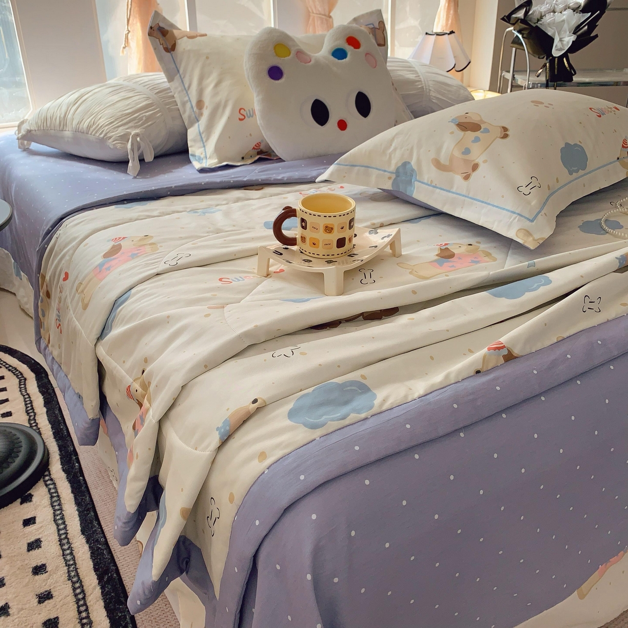 91家纺网 家纺一手货源 找家纺 莱豫家纺 2025春夏新款纯棉全棉夏被夏凉被四件套 腊肠狗