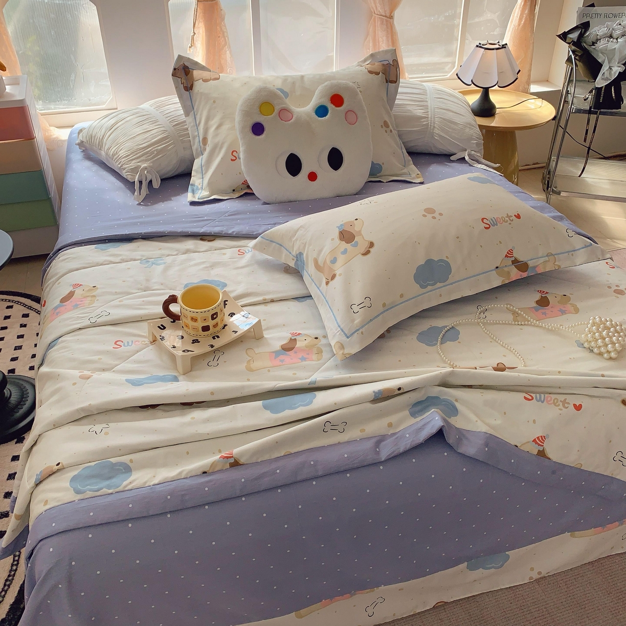 91家纺网 家纺一手货源 找家纺 莱豫家纺 2025春夏新款纯棉全棉夏被夏凉被四件套 腊肠狗