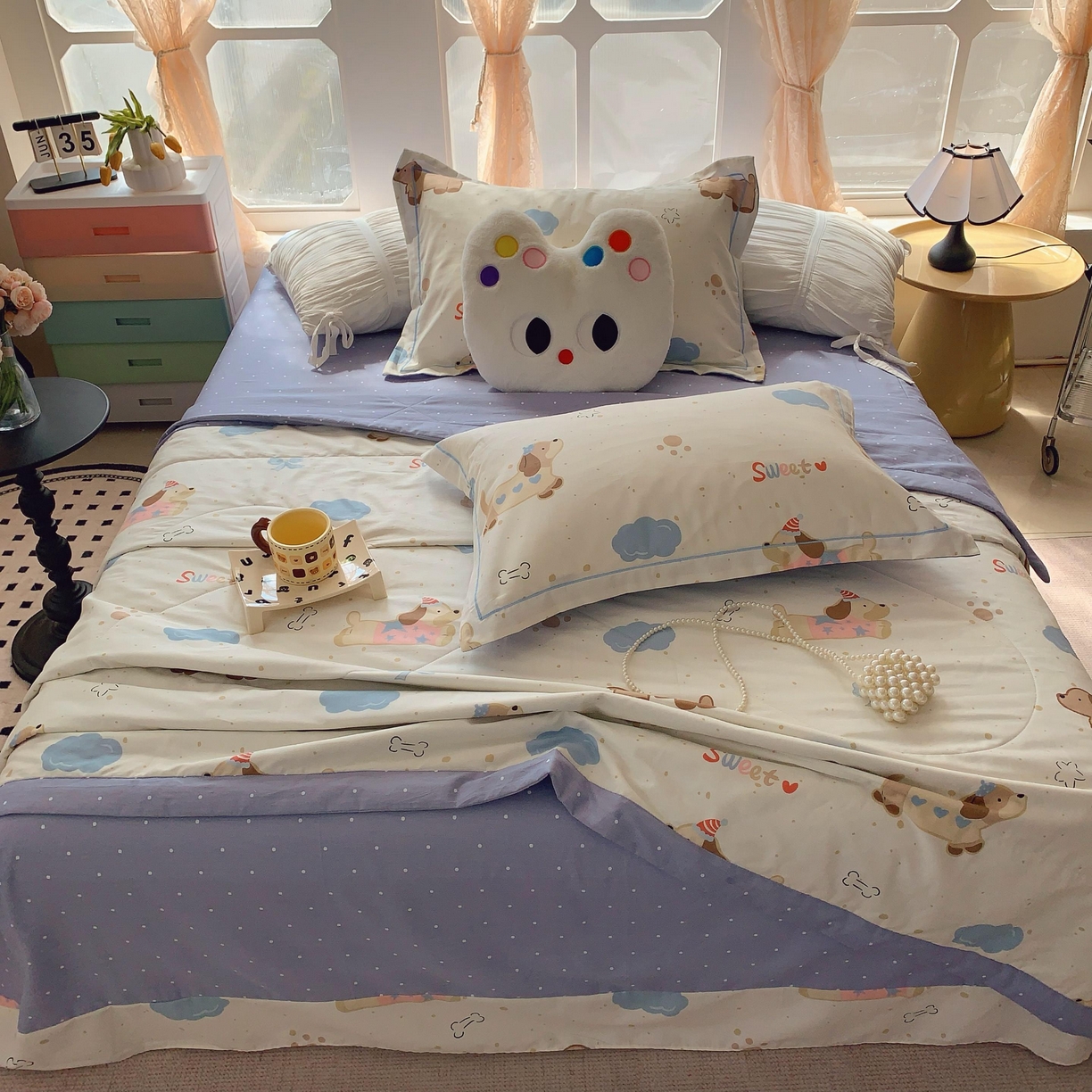 91家纺网 家纺一手货源 找家纺 莱豫家纺 2025春夏新款纯棉全棉夏被夏凉被四件套 腊肠狗