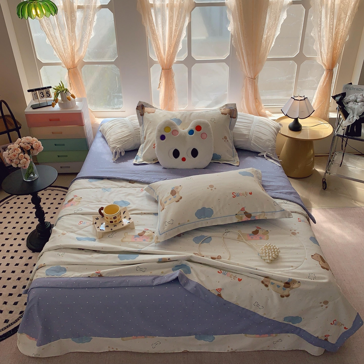 91家纺网 家纺一手货源 找家纺 莱豫家纺 2025春夏新款纯棉全棉夏被夏凉被四件套 腊肠狗