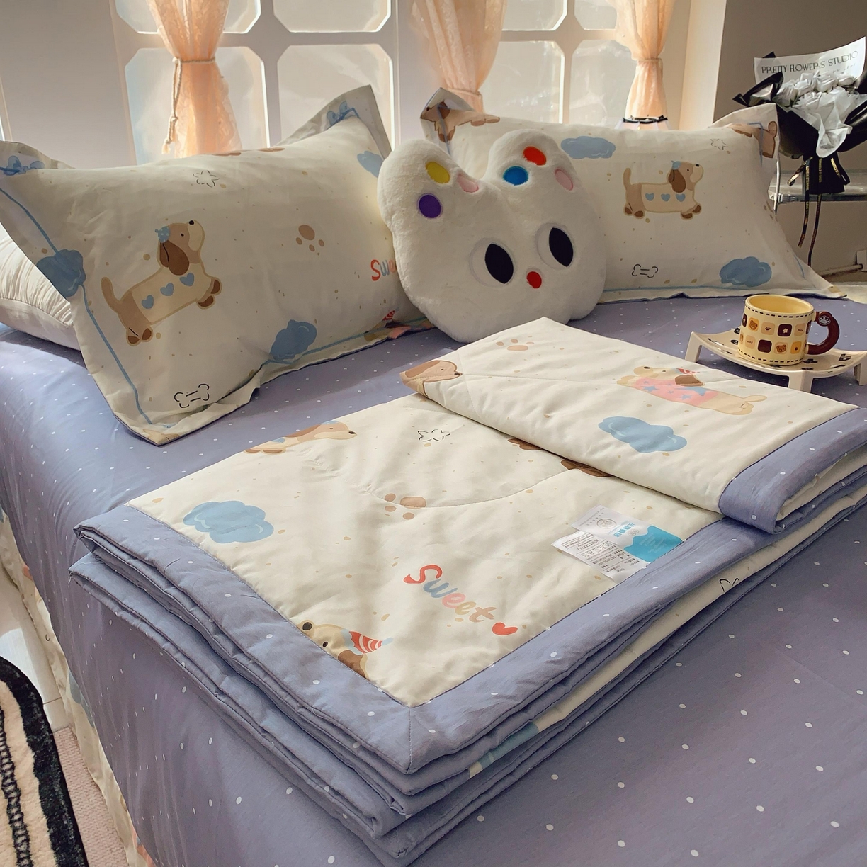 91家纺网 家纺一手货源 找家纺 莱豫家纺 2025春夏新款纯棉全棉夏被夏凉被四件套 腊肠狗