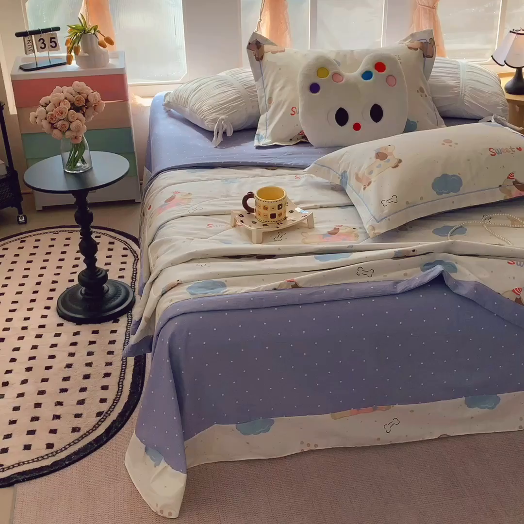 91家纺网 家纺一手货源 找家纺 莱豫家纺 2025春夏新款纯棉全棉夏被夏凉被四件套 腊肠狗