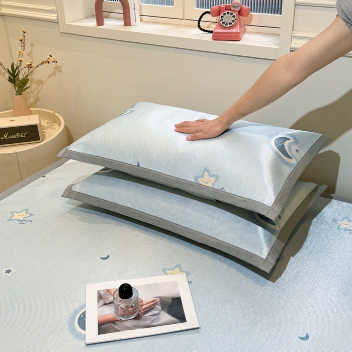 91家纺网 家纺一手货源 找家纺 LIFE.丽芙 2025春夏季新品数码印花冰藤凉席平铺冰丝凉席印花小清新绑带款三件套（风格一） 星辰