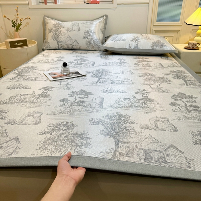 LIFE.丽芙 2025春夏季新品数码印花冰藤凉席平铺冰丝凉席印花小清新绑带款三件套（风格一） 秘密庄园