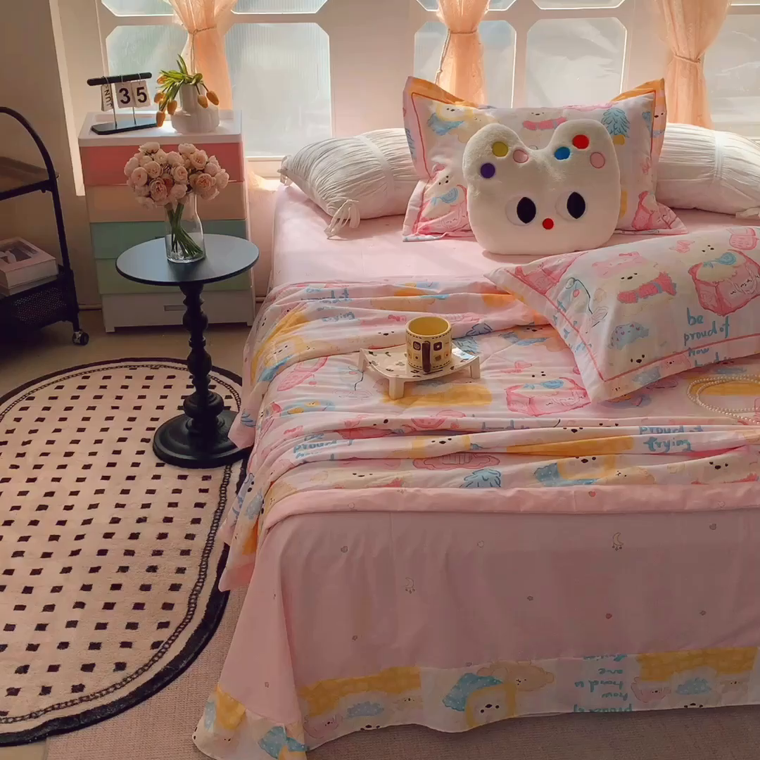 91家纺网 家纺一手货源 找家纺 莱豫家纺 2025春夏新款纯棉全棉夏被夏凉被四件套 甜心派对