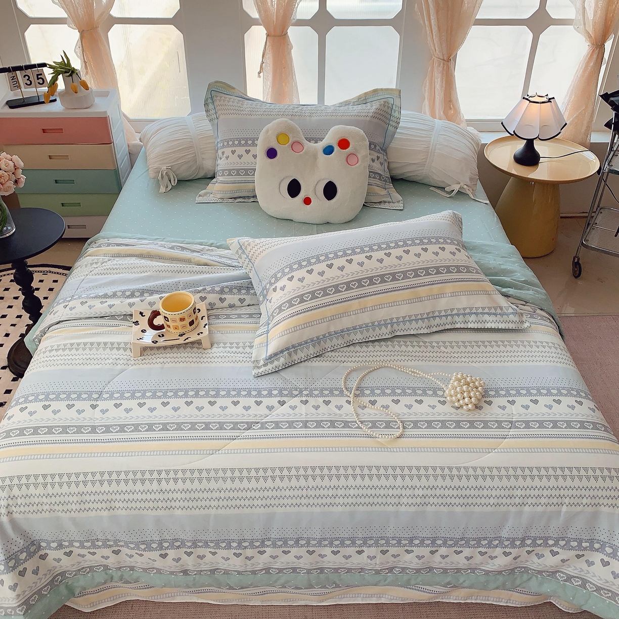 91家纺网 家纺一手货源 找家纺 莱豫家纺 2025春夏新款纯棉全棉夏被夏凉被四件套 幸福里蓝