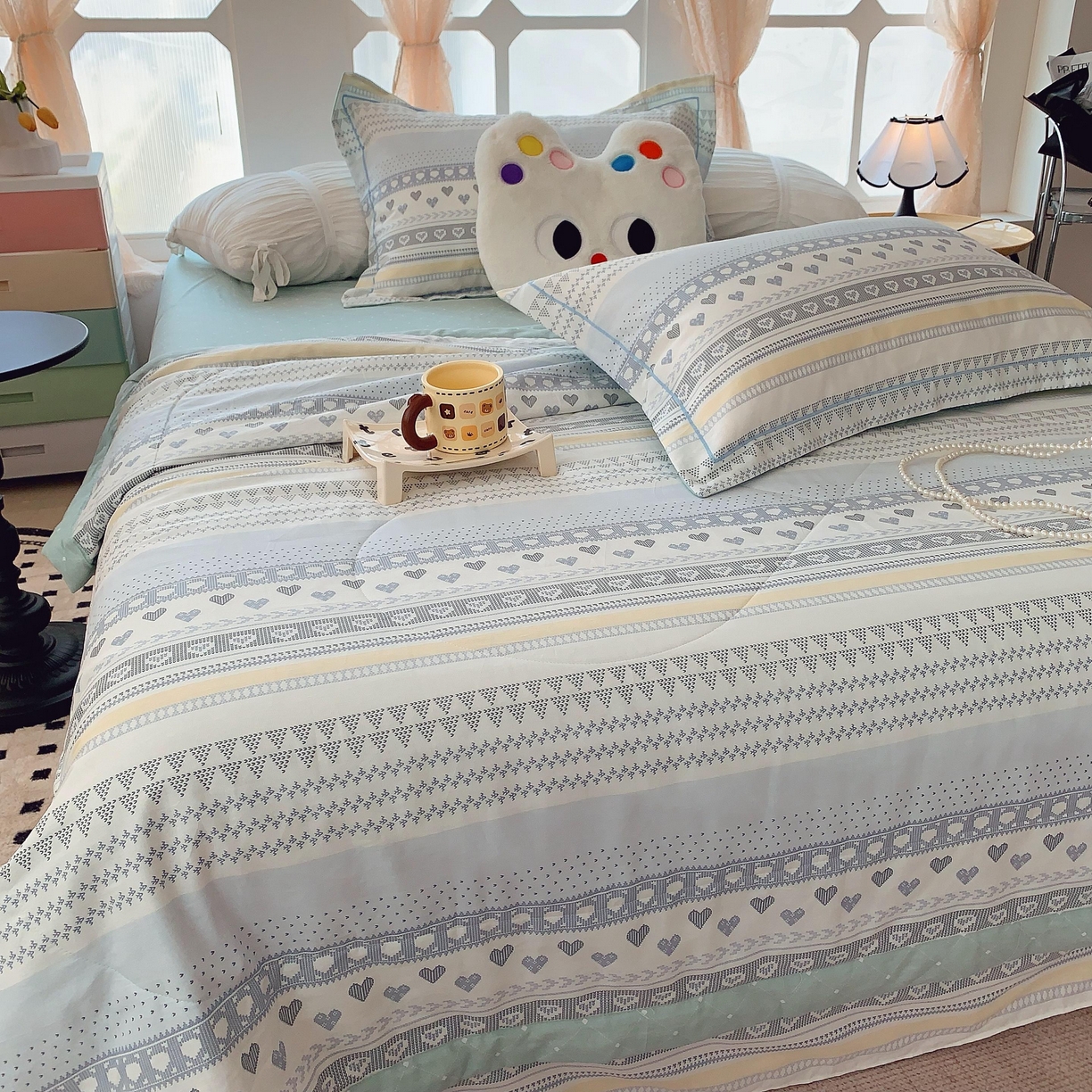 91家纺网 家纺一手货源 找家纺 莱豫家纺 2025春夏新款纯棉全棉夏被夏凉被四件套 幸福里蓝