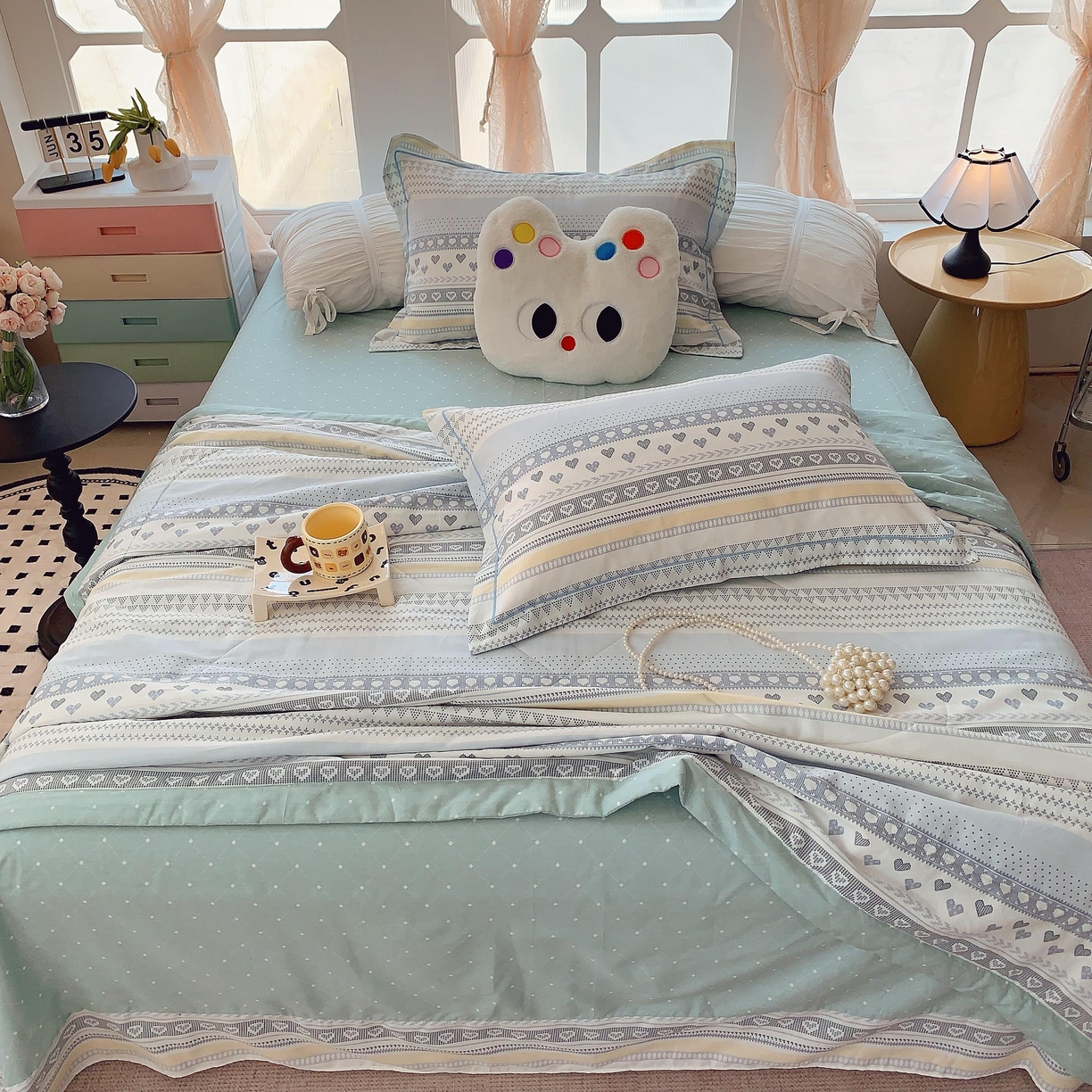 91家纺网 家纺一手货源 找家纺 莱豫家纺 2025春夏新款纯棉全棉夏被夏凉被四件套 幸福里蓝