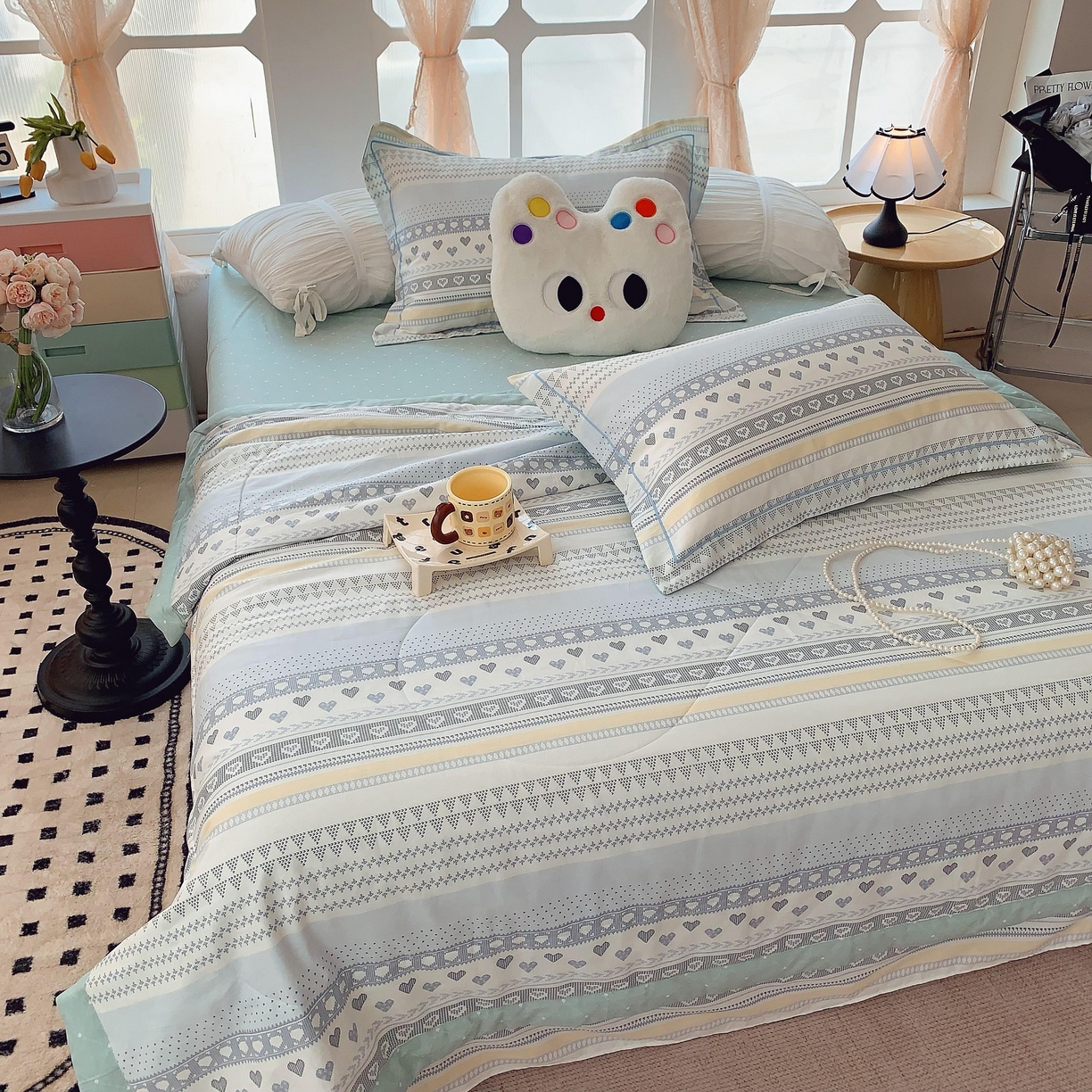 91家纺网 家纺一手货源 找家纺 莱豫家纺 2025春夏新款纯棉全棉夏被夏凉被四件套 幸福里蓝