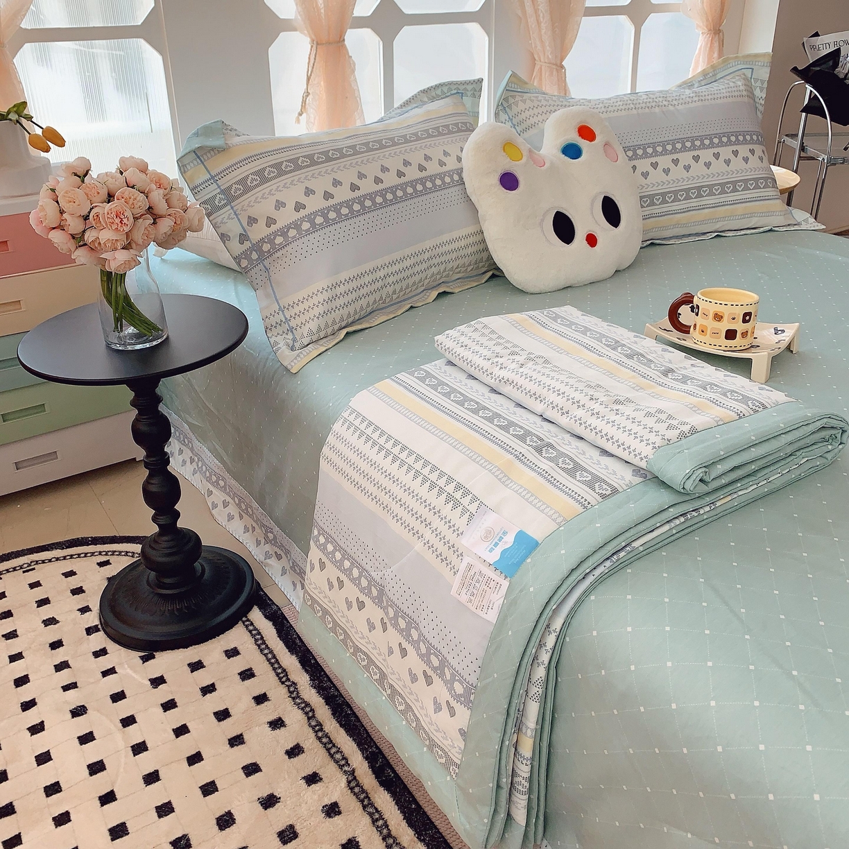 91家纺网 家纺一手货源 找家纺 莱豫家纺 2025春夏新款纯棉全棉夏被夏凉被四件套 幸福里蓝