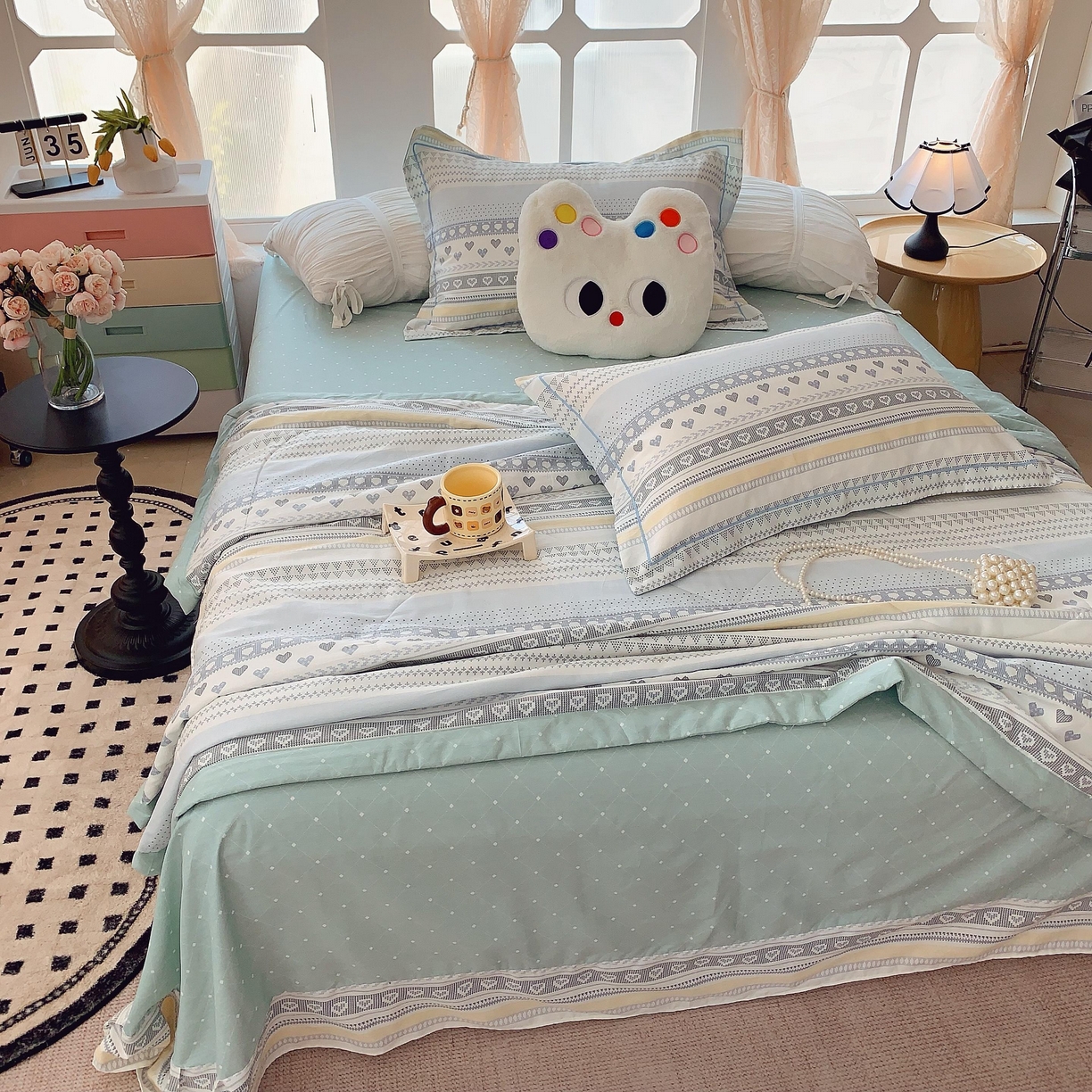 91家纺网 家纺一手货源 找家纺 莱豫家纺 2025春夏新款纯棉全棉夏被夏凉被四件套 幸福里蓝