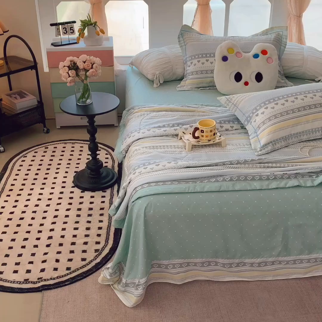 91家纺网 家纺一手货源 找家纺 莱豫家纺 2025春夏新款纯棉全棉夏被夏凉被四件套 幸福里蓝