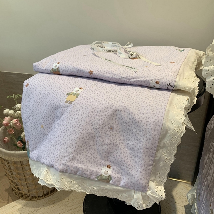 91家纺网 家纺一手货源 找家纺 莱豫2025新款纯棉花边夏被床盖 呆呆熊-夏被
