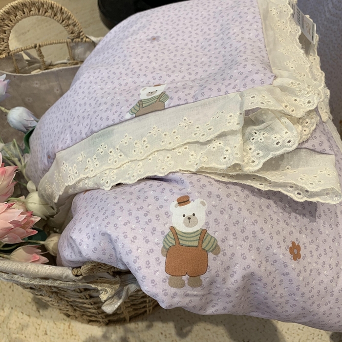 91家纺网 家纺一手货源 找家纺 莱豫2025新款纯棉花边夏被床盖 呆呆熊-夏被