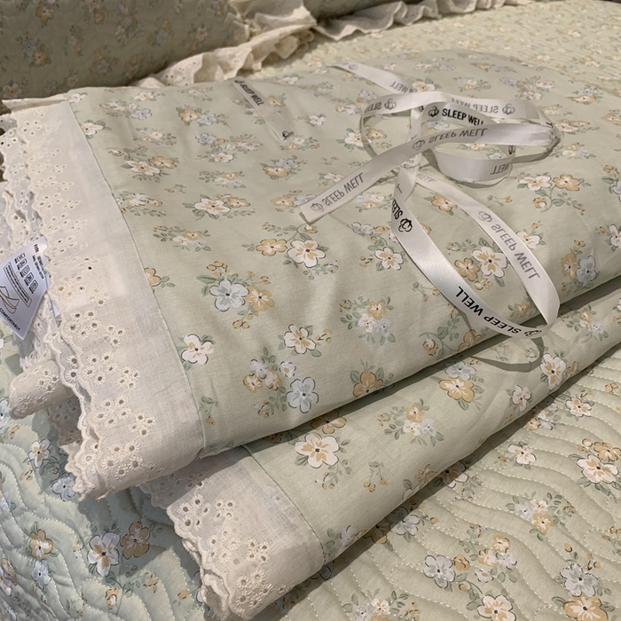 91家纺网 家纺一手货源 找家纺 莱豫2025新款纯棉花边夏被床盖 花语绿夏被