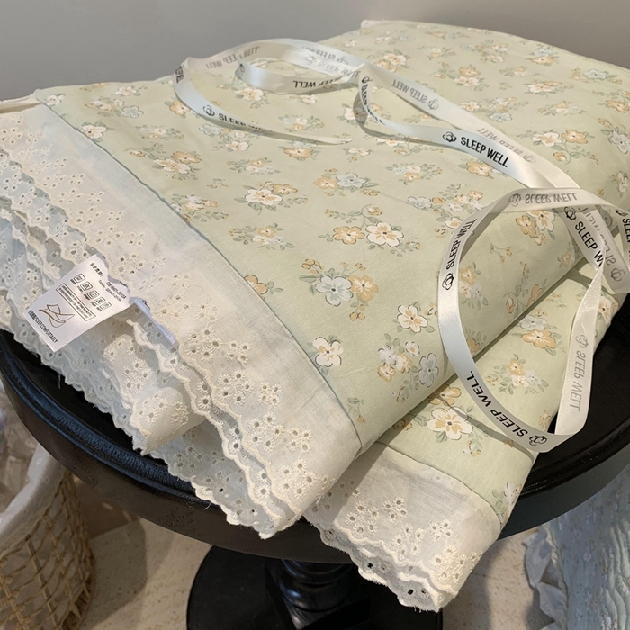 91家纺网 家纺一手货源 找家纺 莱豫2025新款纯棉花边夏被床盖 花语绿夏被