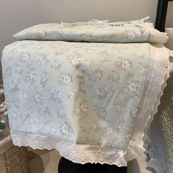 91家纺网 家纺一手货源 找家纺 莱豫2025新款纯棉花边夏被床盖 花语绿夏被