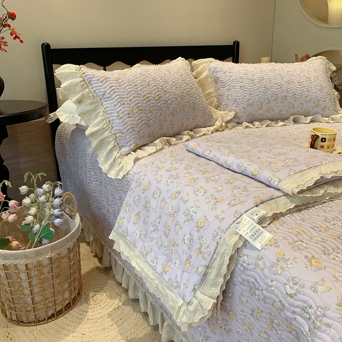 91家纺网 家纺一手货源 找家纺 莱豫2025新款纯棉花边夏被床盖 花语紫-夏被
