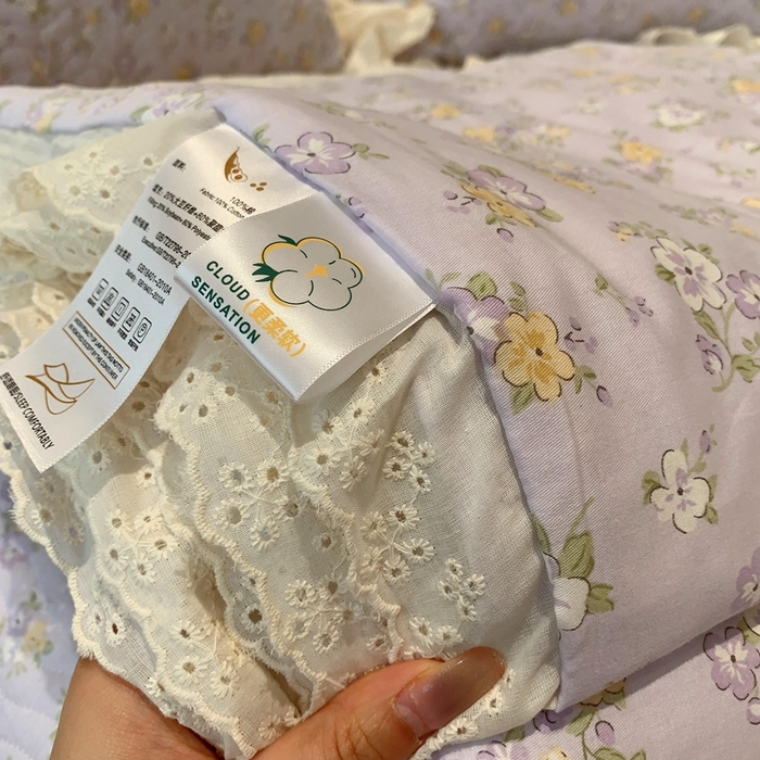 91家纺网 家纺一手货源 找家纺 莱豫2025新款纯棉花边夏被床盖 花语紫-夏被