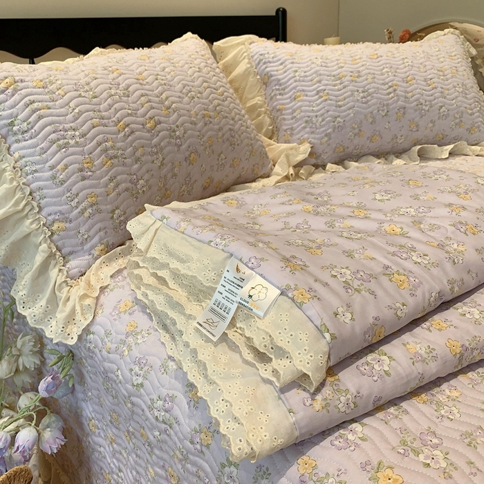 91家纺网 家纺一手货源 找家纺 莱豫2025新款纯棉花边夏被床盖 花语紫-夏被