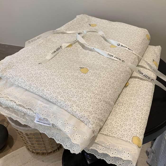 91家纺网 家纺一手货源 找家纺 莱豫2025新款纯棉花边夏被床盖 柠檬-夏被