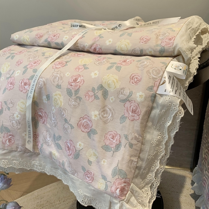 91家纺网 家纺一手货源 找家纺 莱豫2025新款纯棉花边夏被床盖 蔷薇-夏被