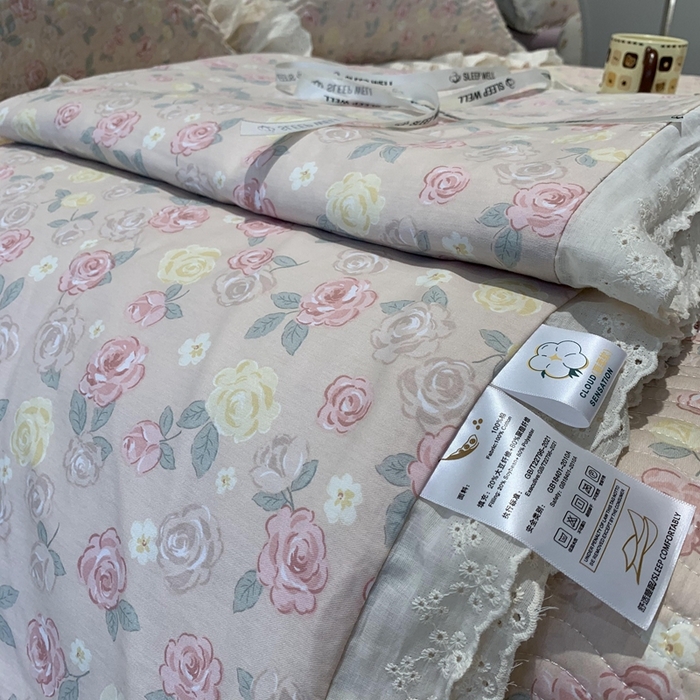 91家纺网 家纺一手货源 找家纺 莱豫2025新款纯棉花边夏被床盖 蔷薇-夏被