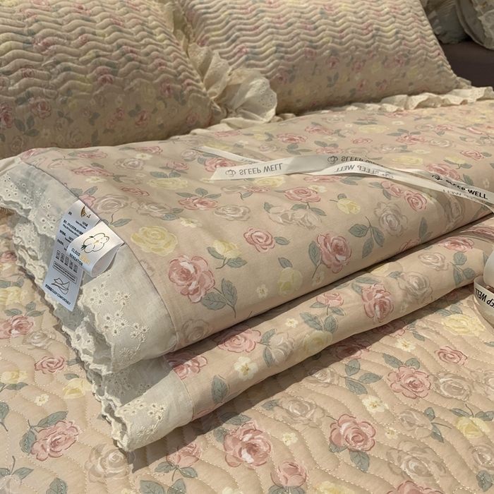 91家纺网 家纺一手货源 找家纺 莱豫2025新款纯棉花边夏被床盖 蔷薇-夏被